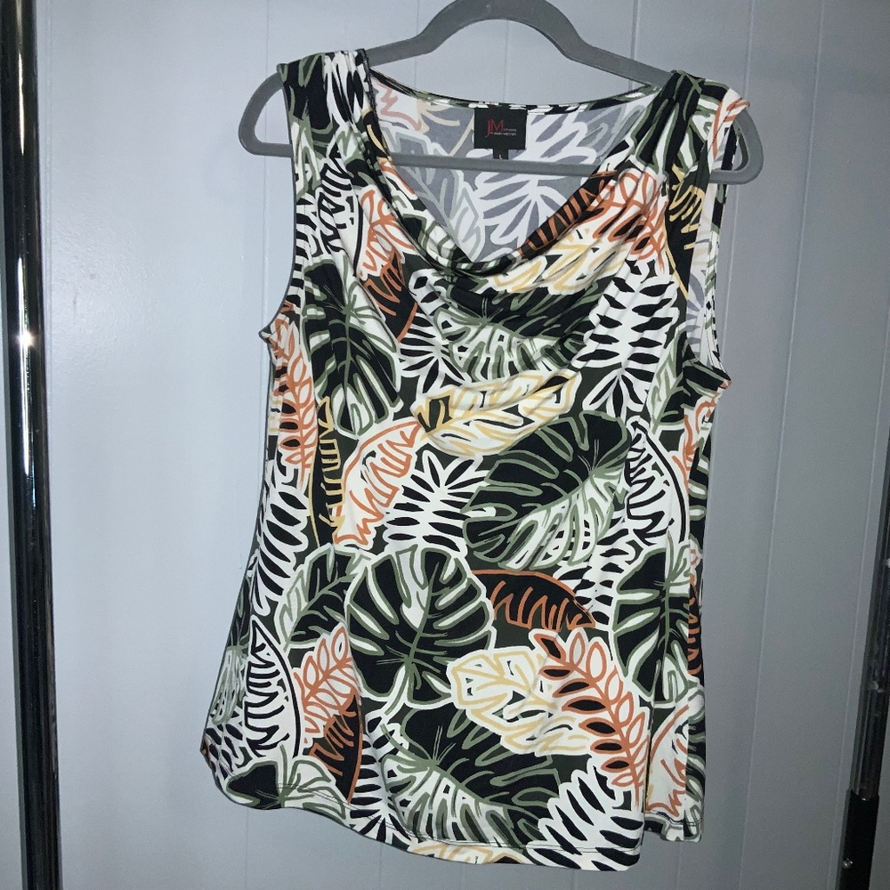 JM Studio botanical print drape neck top Sz L sleeveless